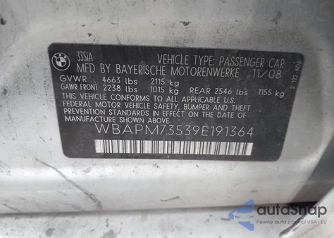 2009 BMW 335I z USA, uszkodzony, nr VIN WBAPM73539E191364